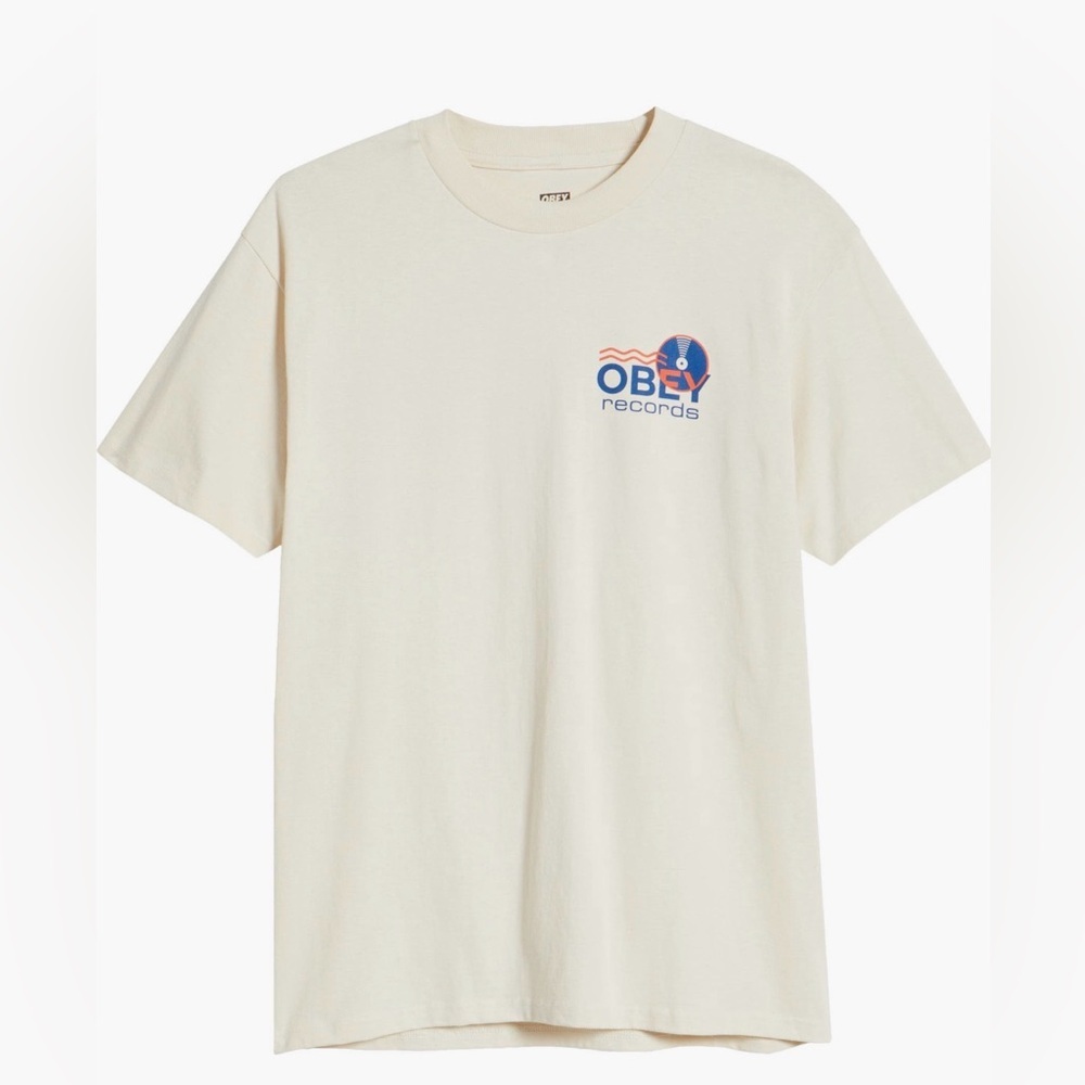 Obey Cream T-Shirt with Blue and Orange Logo